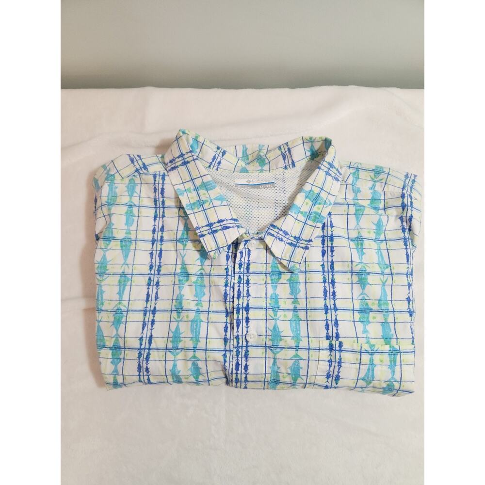Columbia PFG Shirt Mens 2XL Blue Fish Short Sleeve Gorpcore Fishing Breathable